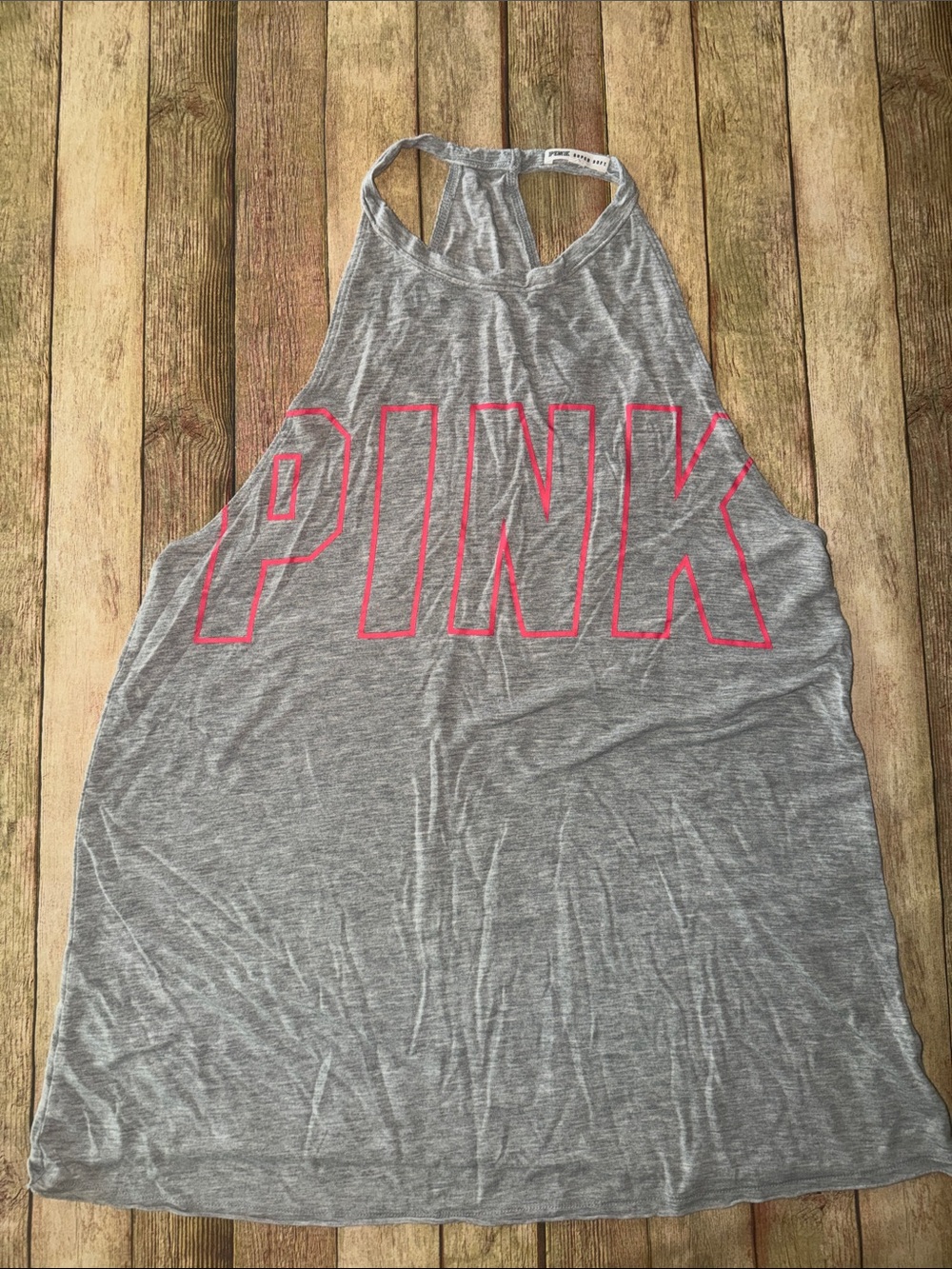 PINK Victoria's Secret Gray Racerback Tank with Hot Pink Outline Logo